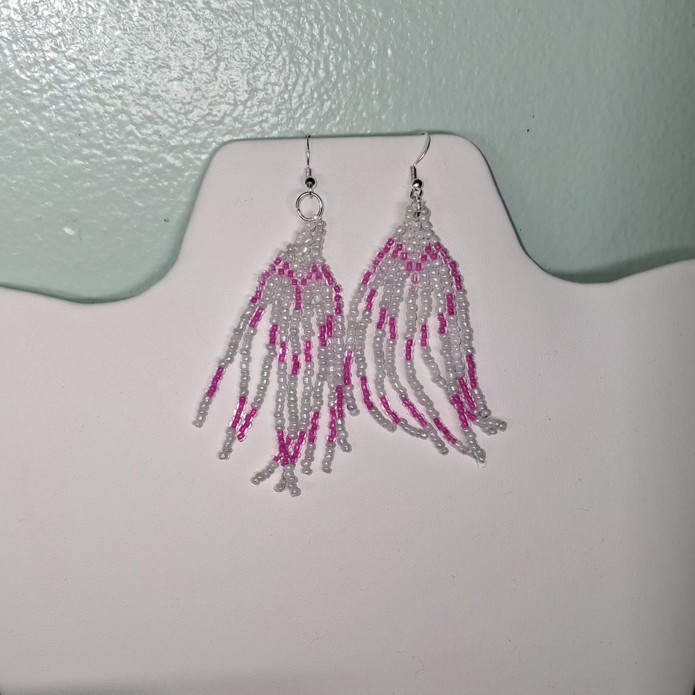 Hidden Heart Seed Bead Fringe Earrings | Neon Pink & Milky Gray Beaded Dangle - Picture 4 of 4